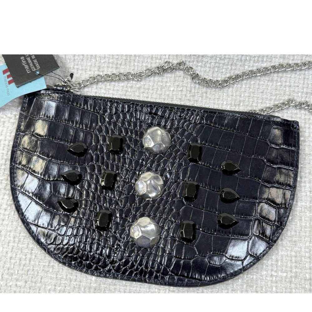 Martina Mori Italian Leather Crossbody Bag Croc Studded Black Gemstone Y2K Goth